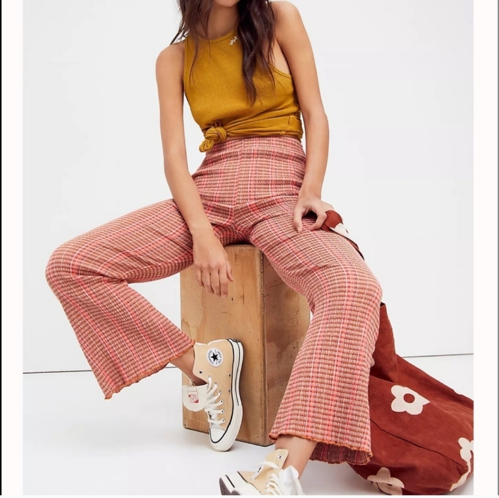 Free People Pink Plaid Boot Flare Pants